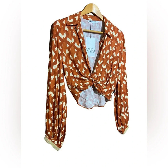 NWT ZARA Linen Blend Terracotta Top Size Small Rust/Orange Printed Beaded - Picture 3 of 6
